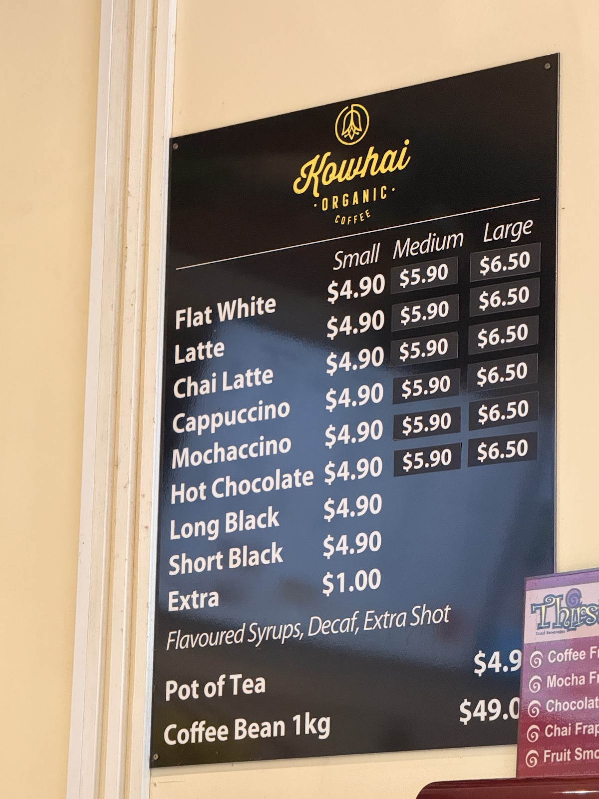 Menu board at Naturals Bake and Coffee